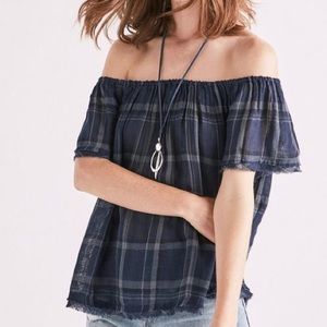 LUCKY BRAND plaid off the shoulder frayed top